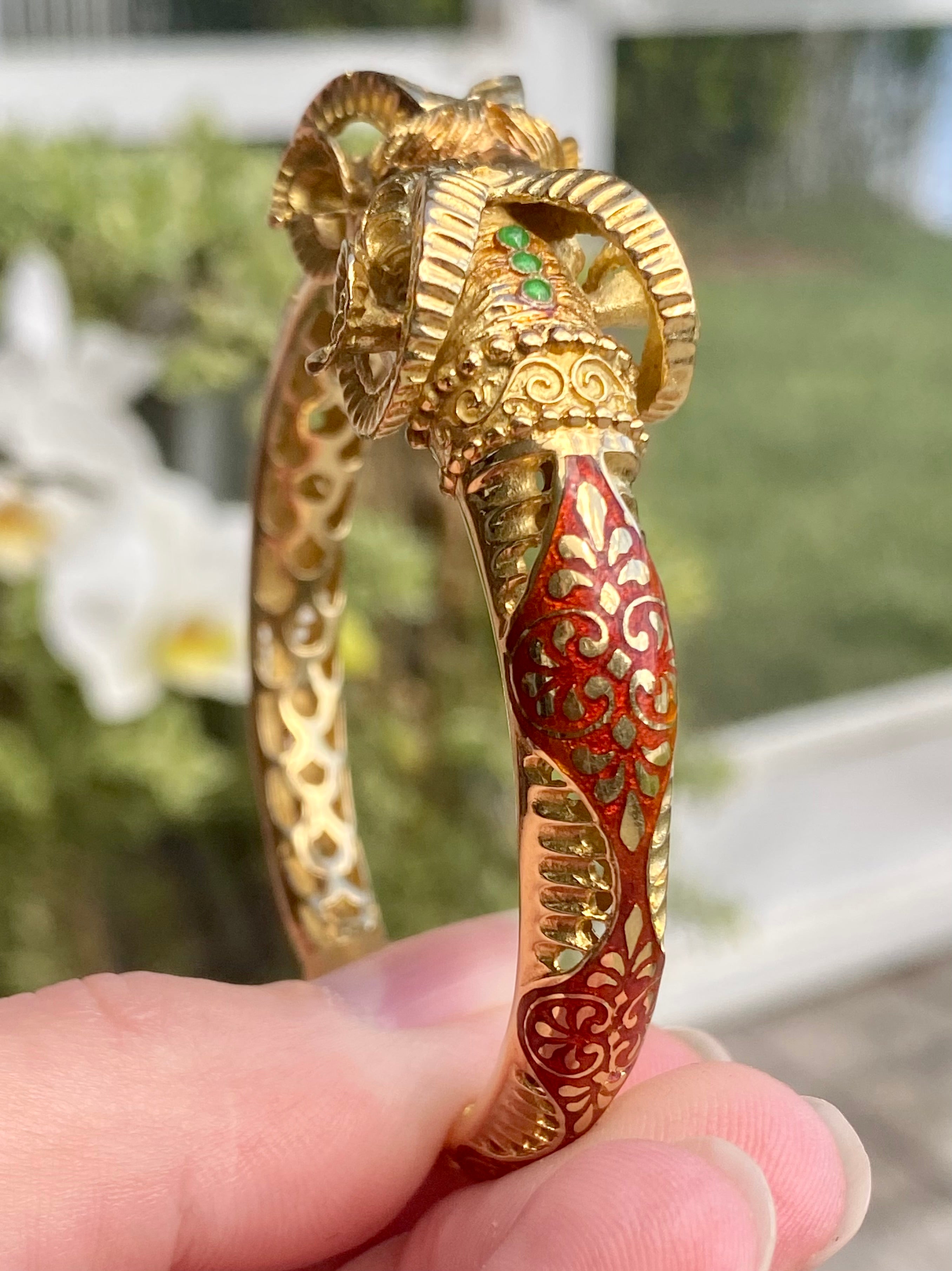 18k Rams Head Enamel Bangle Bracelet