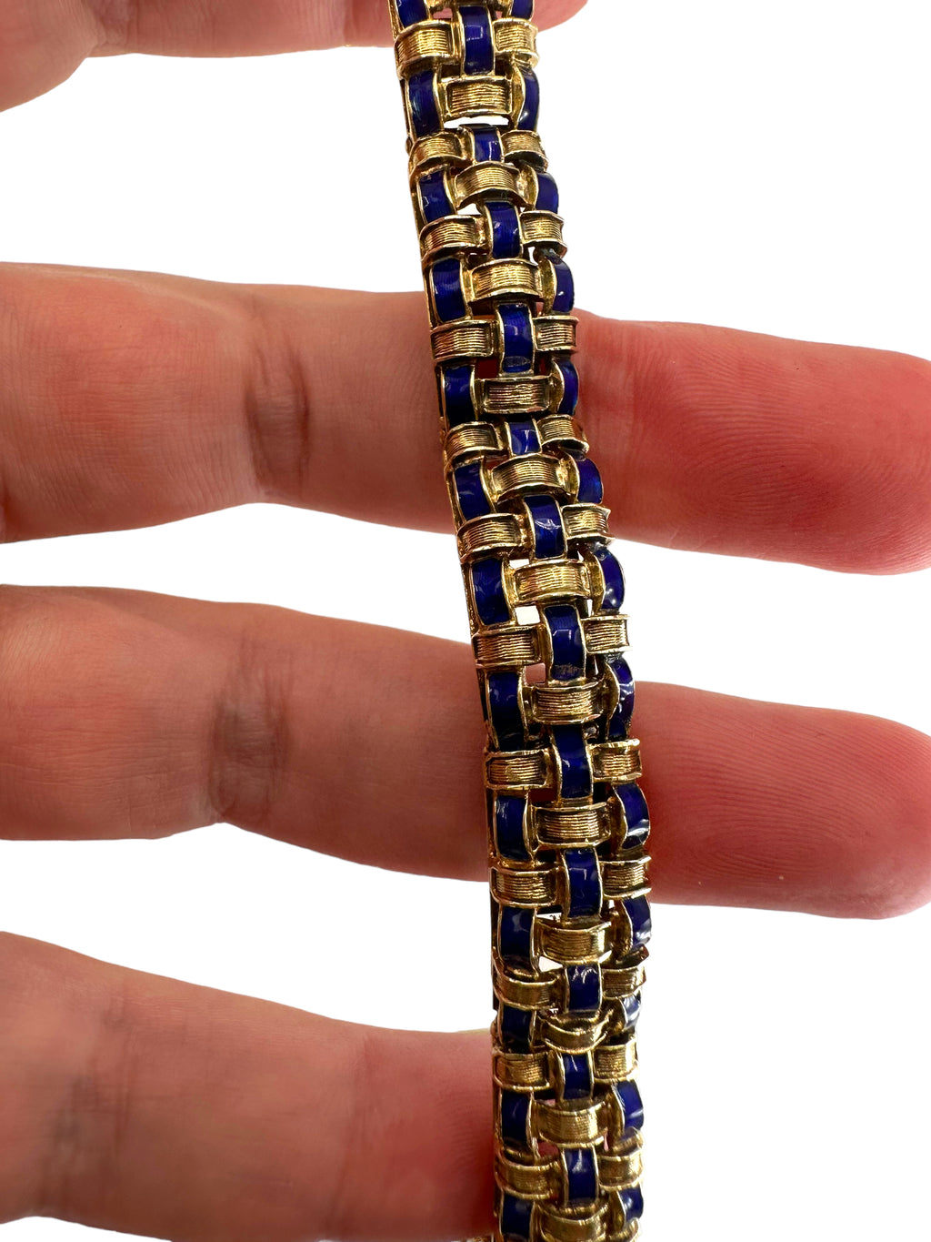 14k Cobalt Blue Enamel Basketweave Design Bracelet