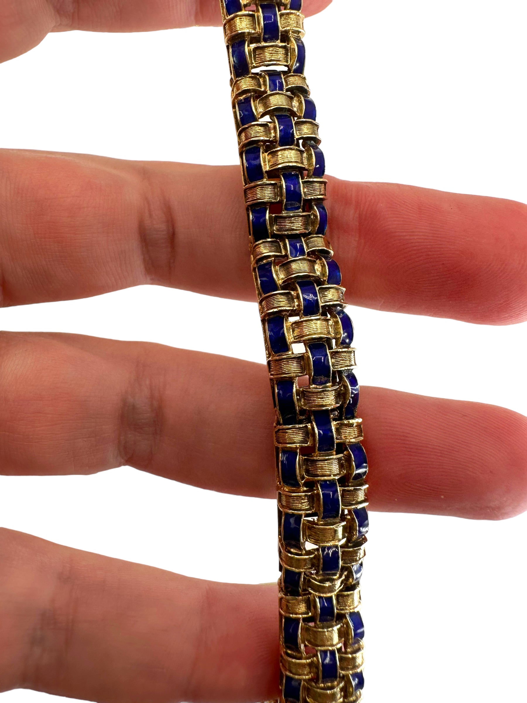 14k Cobalt Blue Enamel Basketweave Design Bracelet