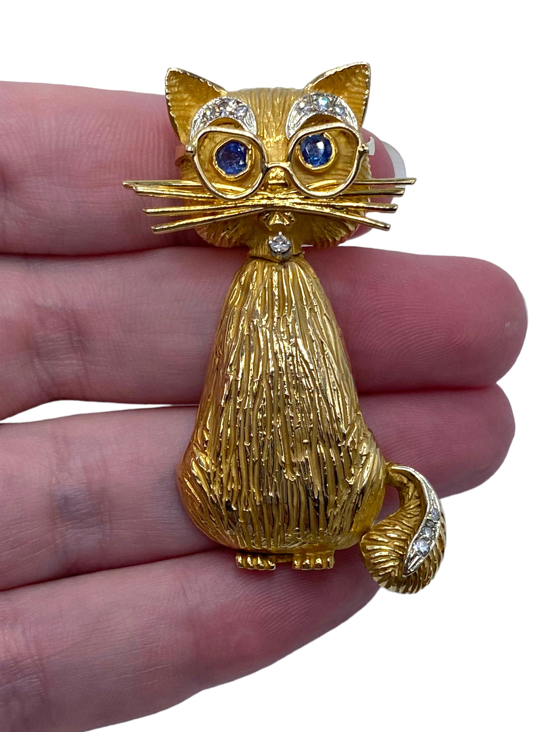 14k Sapphire Diamond Cat Brooch