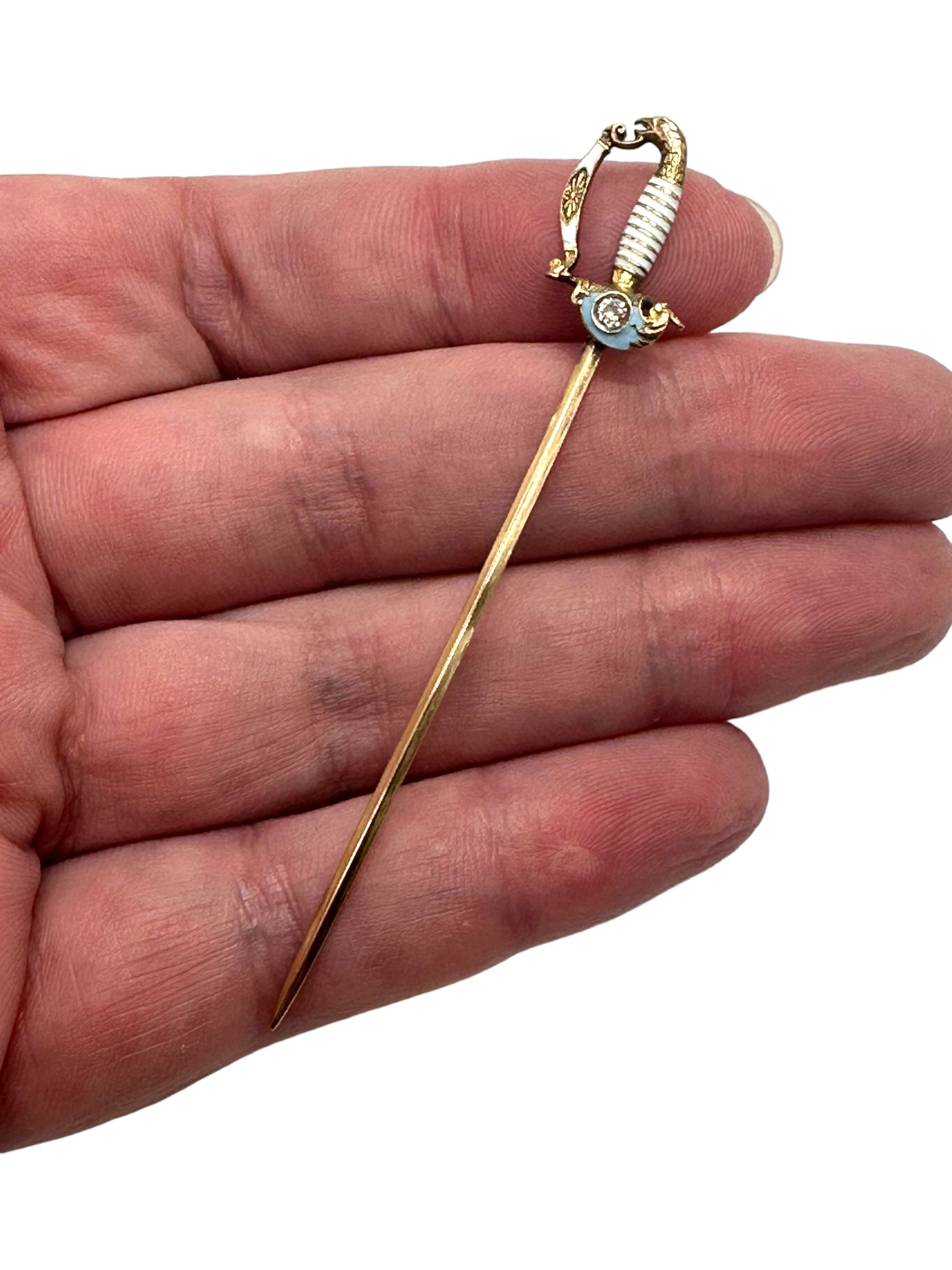 14k Eagle Pommel Enamel Diamond Victorian Sword Pin