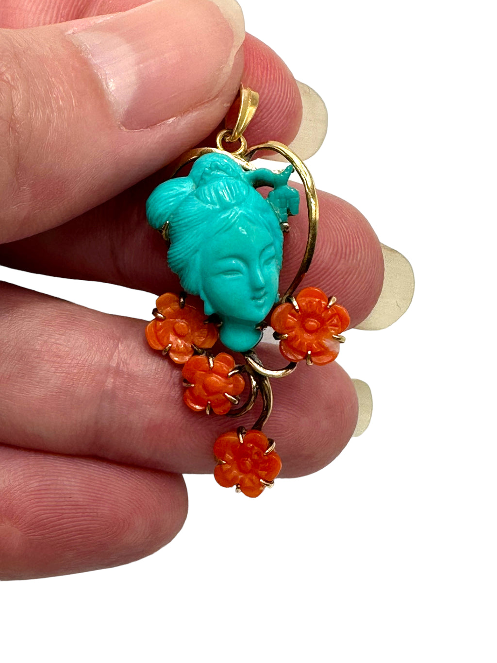 14k Carved Turquoise and Coral Pendant
