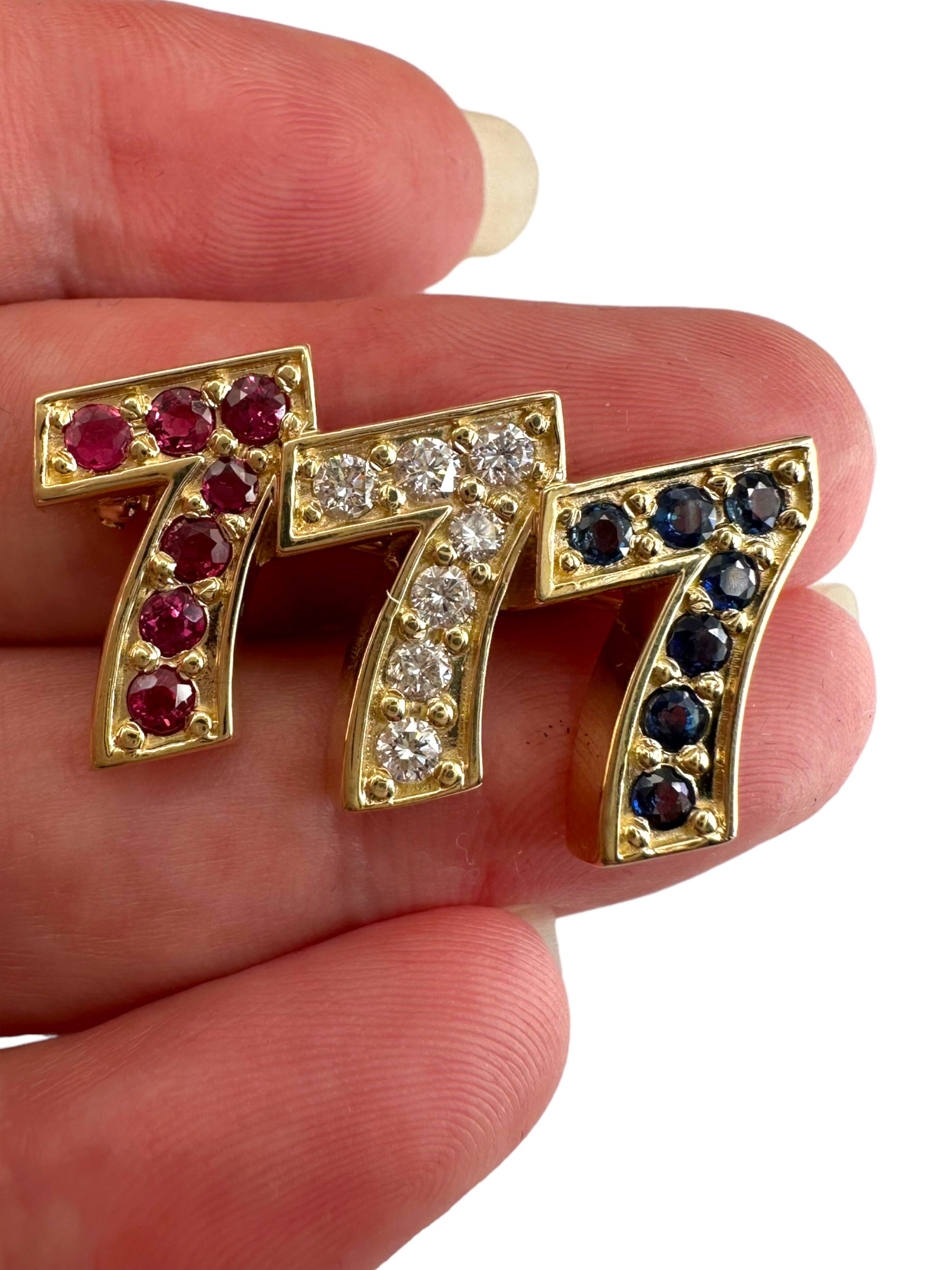 14k Triple 7s Sapphire Ruby Diamond Brooch
