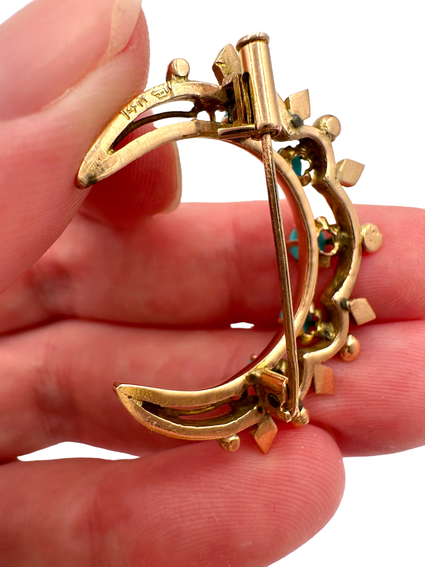 14k Victorian Turquoise Crescent Moon Brooch