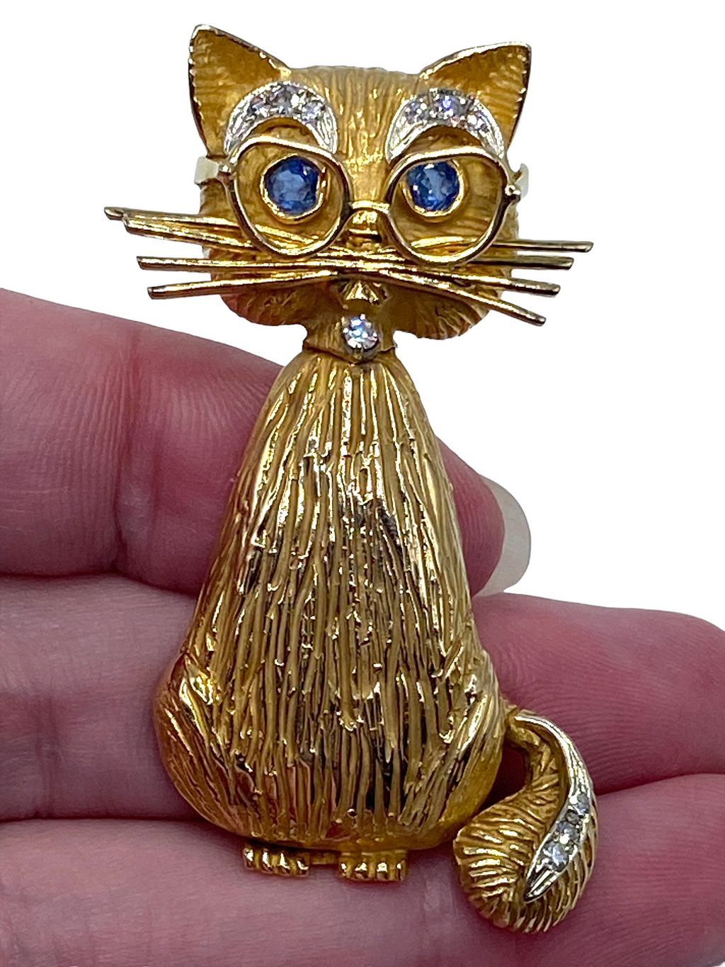 14k Sapphire Diamond Cat Brooch