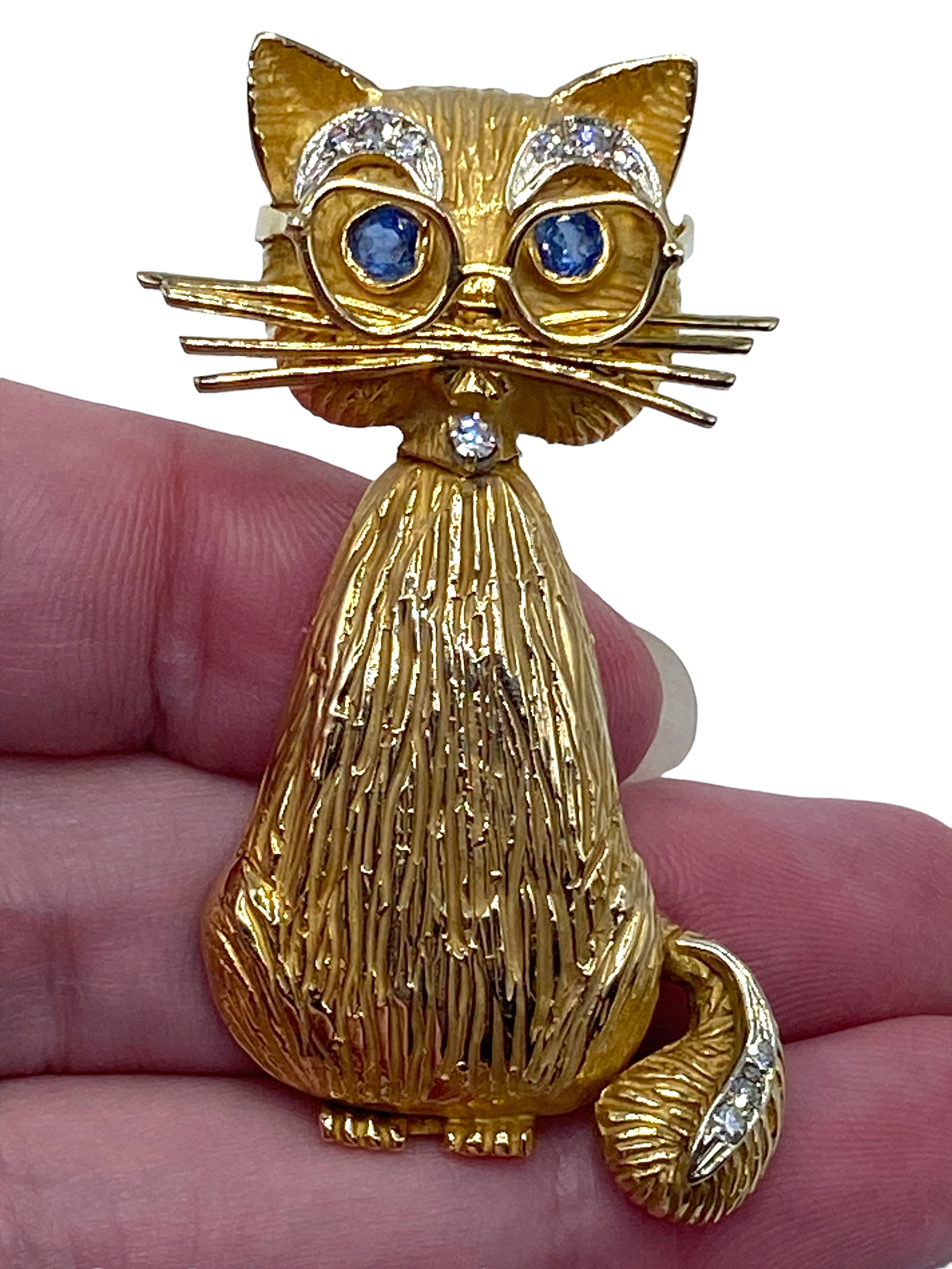 14k Sapphire Diamond Cat Brooch