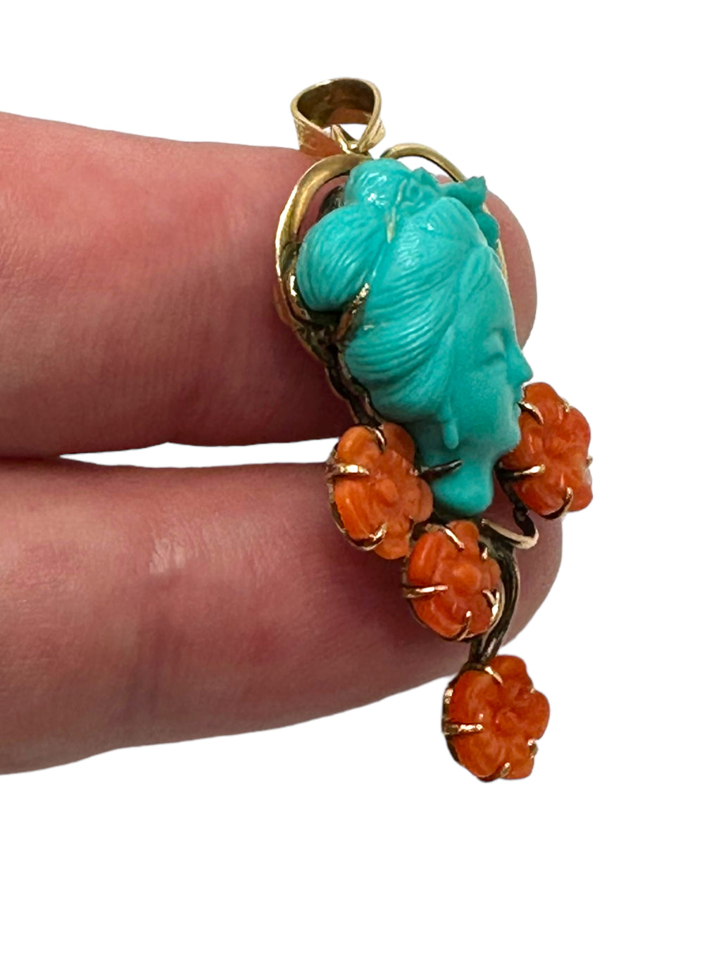 14k Carved Turquoise and Coral Pendant