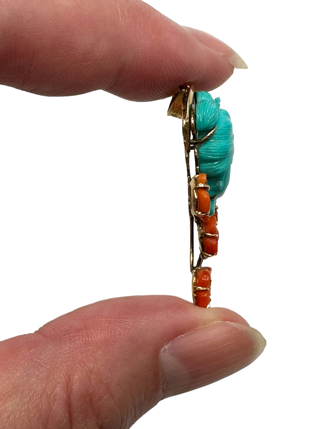 14k Carved Turquoise and Coral Pendant