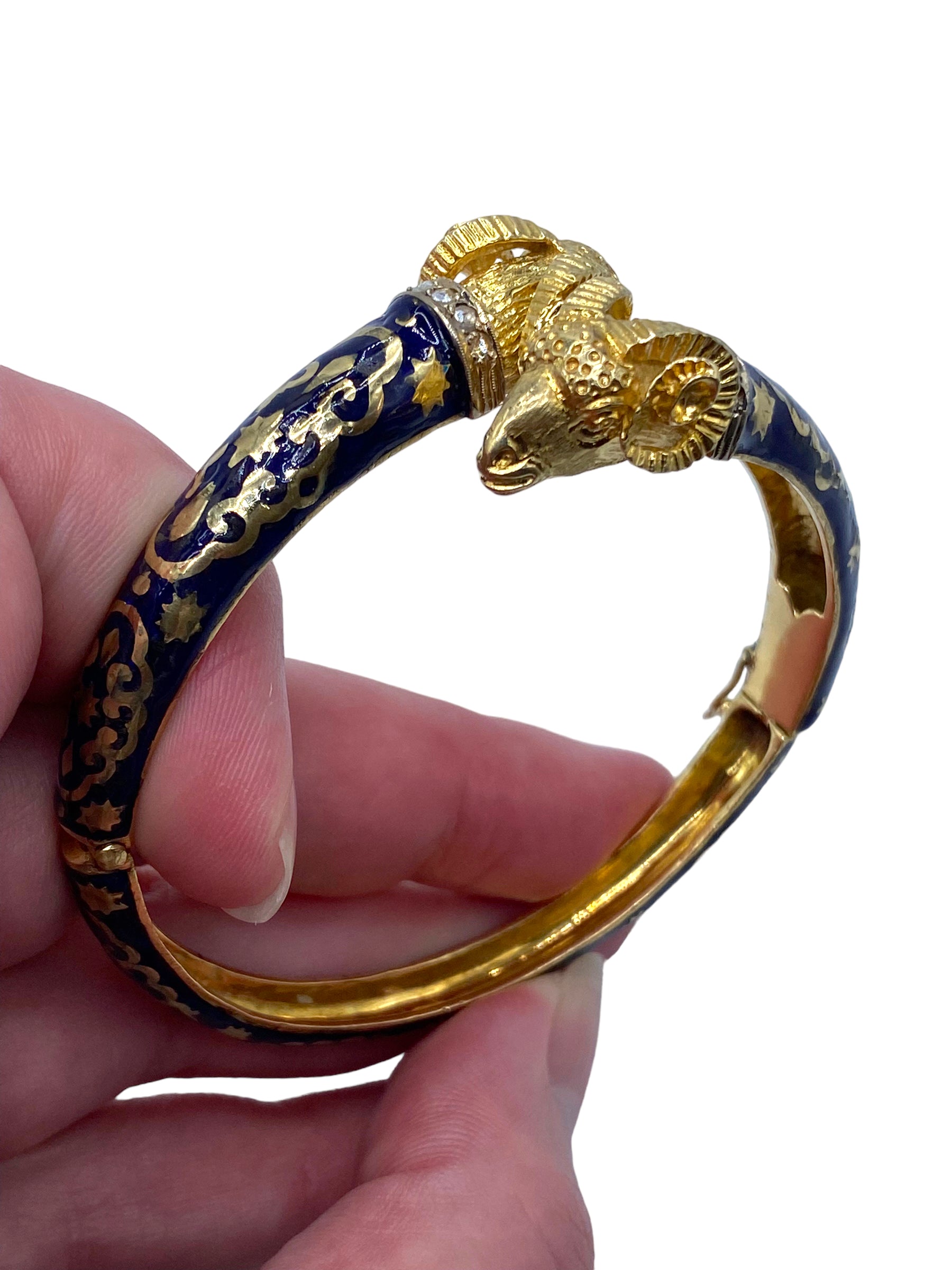 18k Blue Enamel Rams Head Bangle