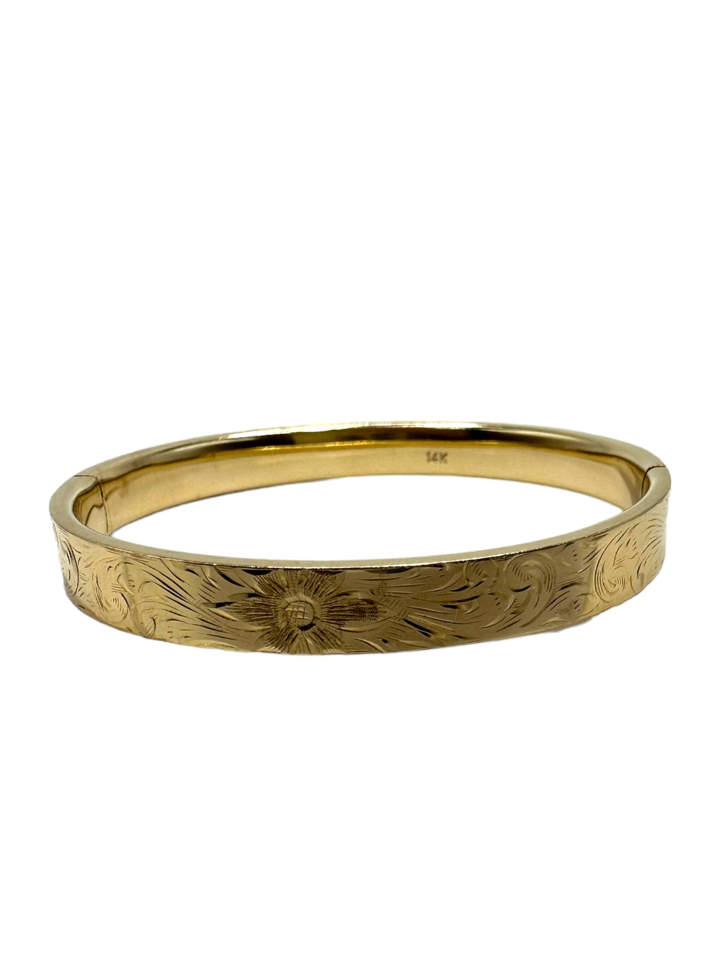 14k Flower Etched Bangle Bracelet