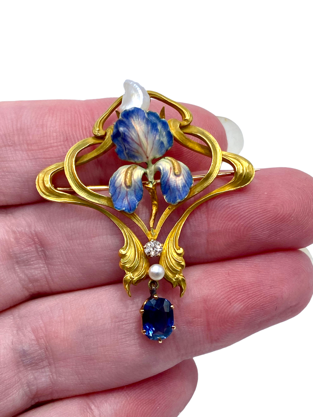 18k Art Nouveau Enamel Sapphire Diamond Brooch/ Pendant