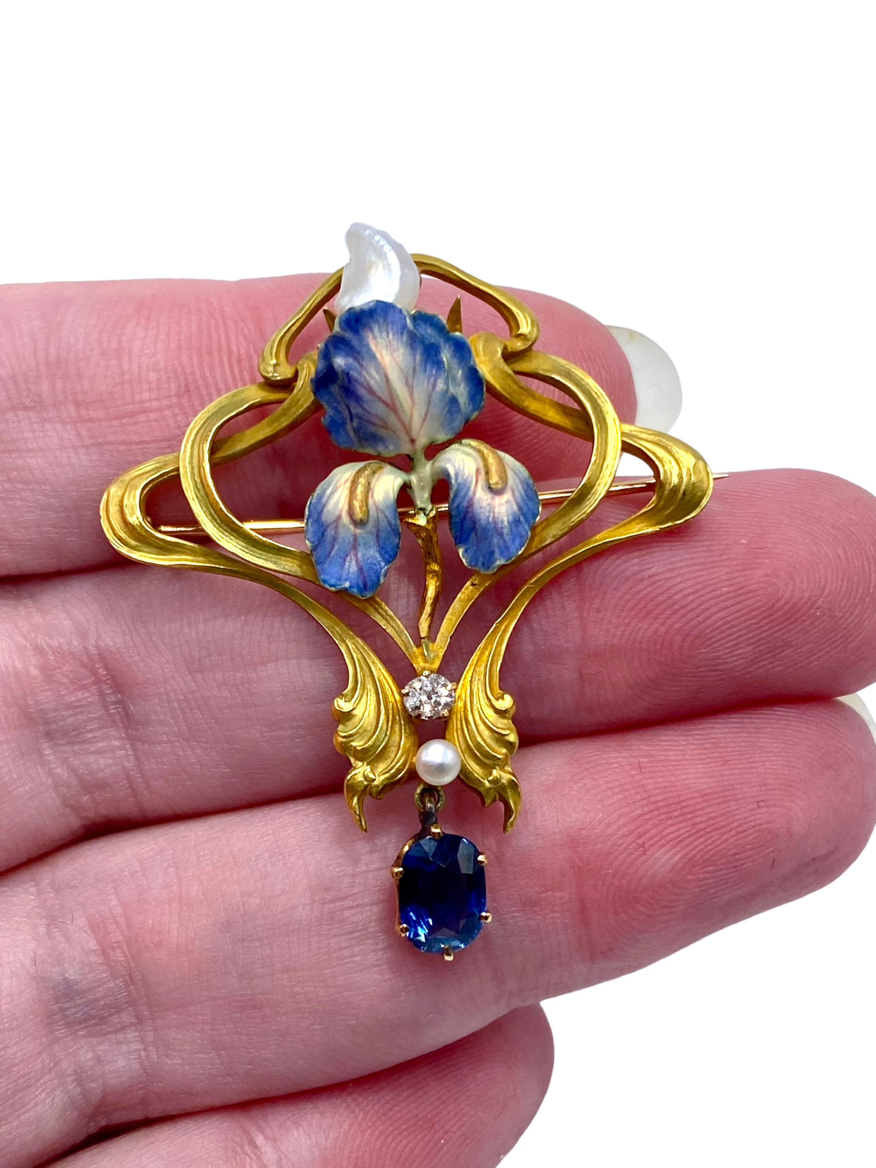 18k Art Nouveau Enamel Sapphire Diamond Brooch/ Pendant