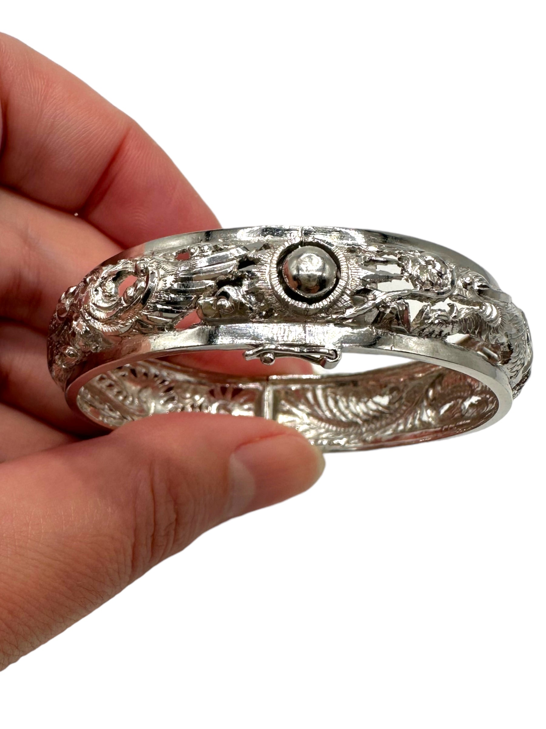 Platinum Dragon and Phoenix Bangle Bracelet
