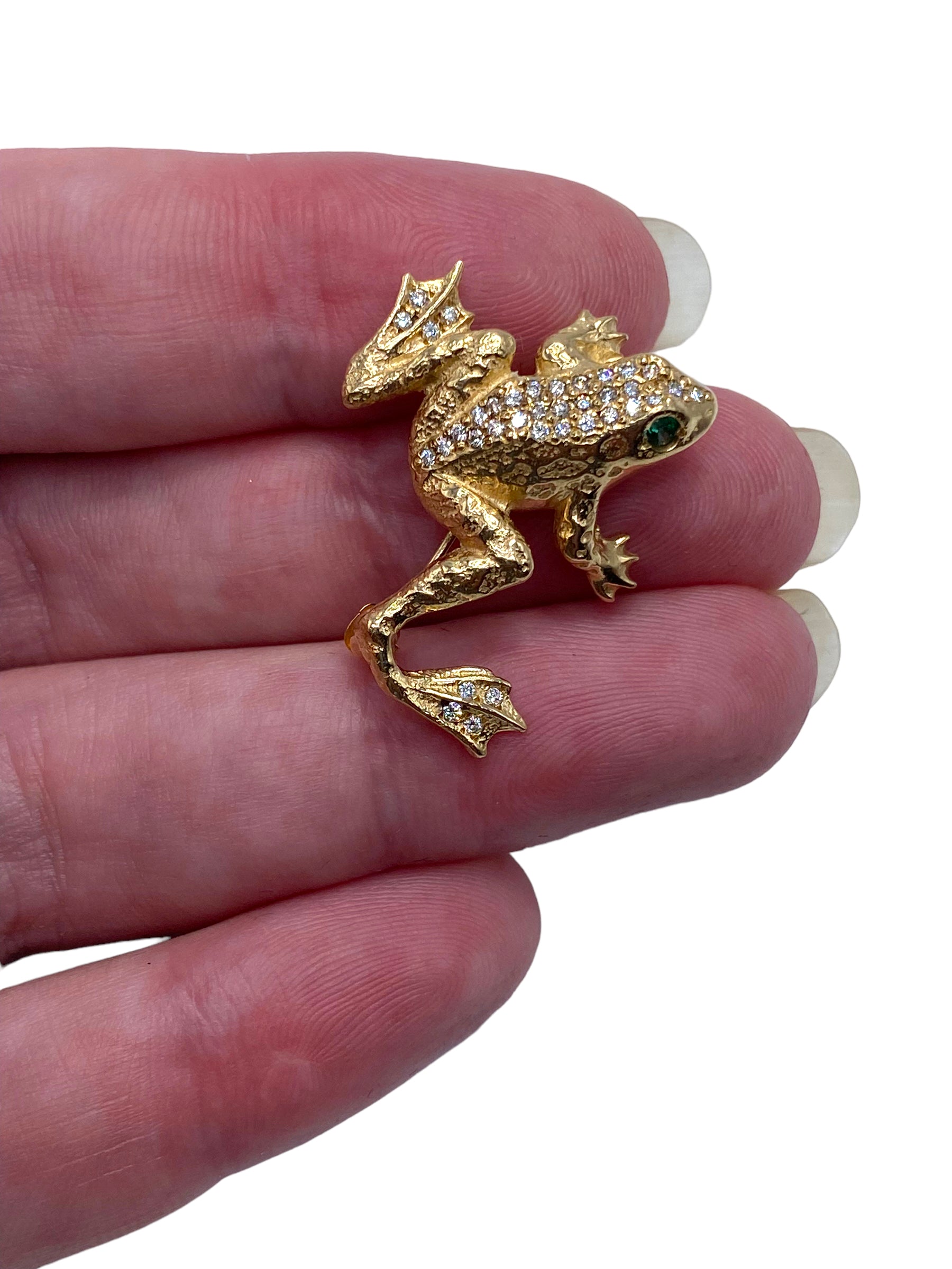 14k Frog Diamond Emerald Brooch