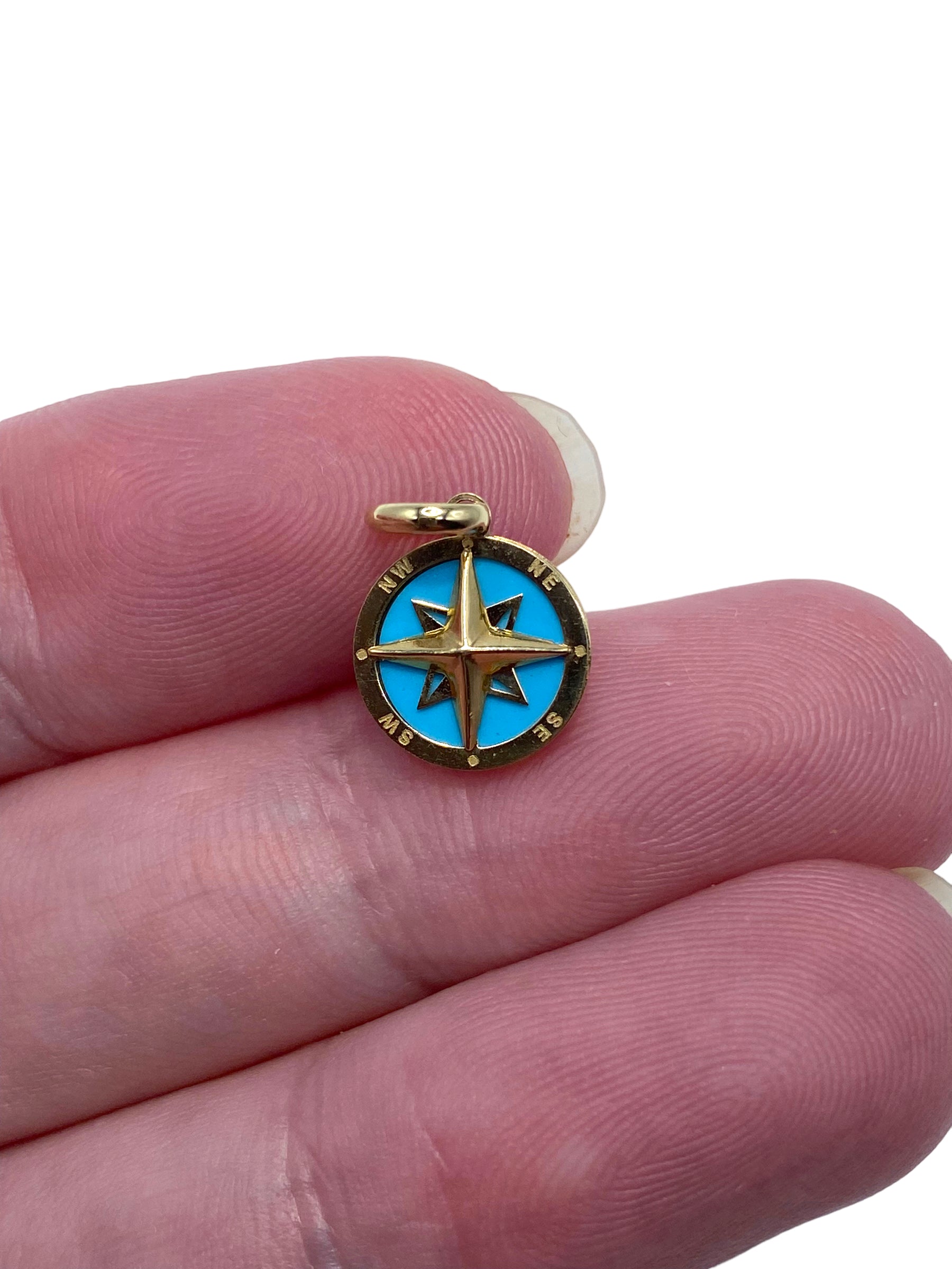 14k Aqua Enamel Compass Charm