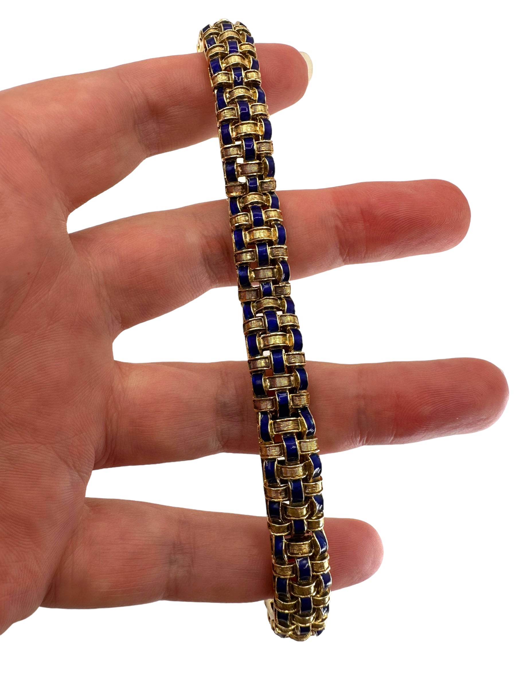 14k Cobalt Blue Enamel Basketweave Design Bracelet
