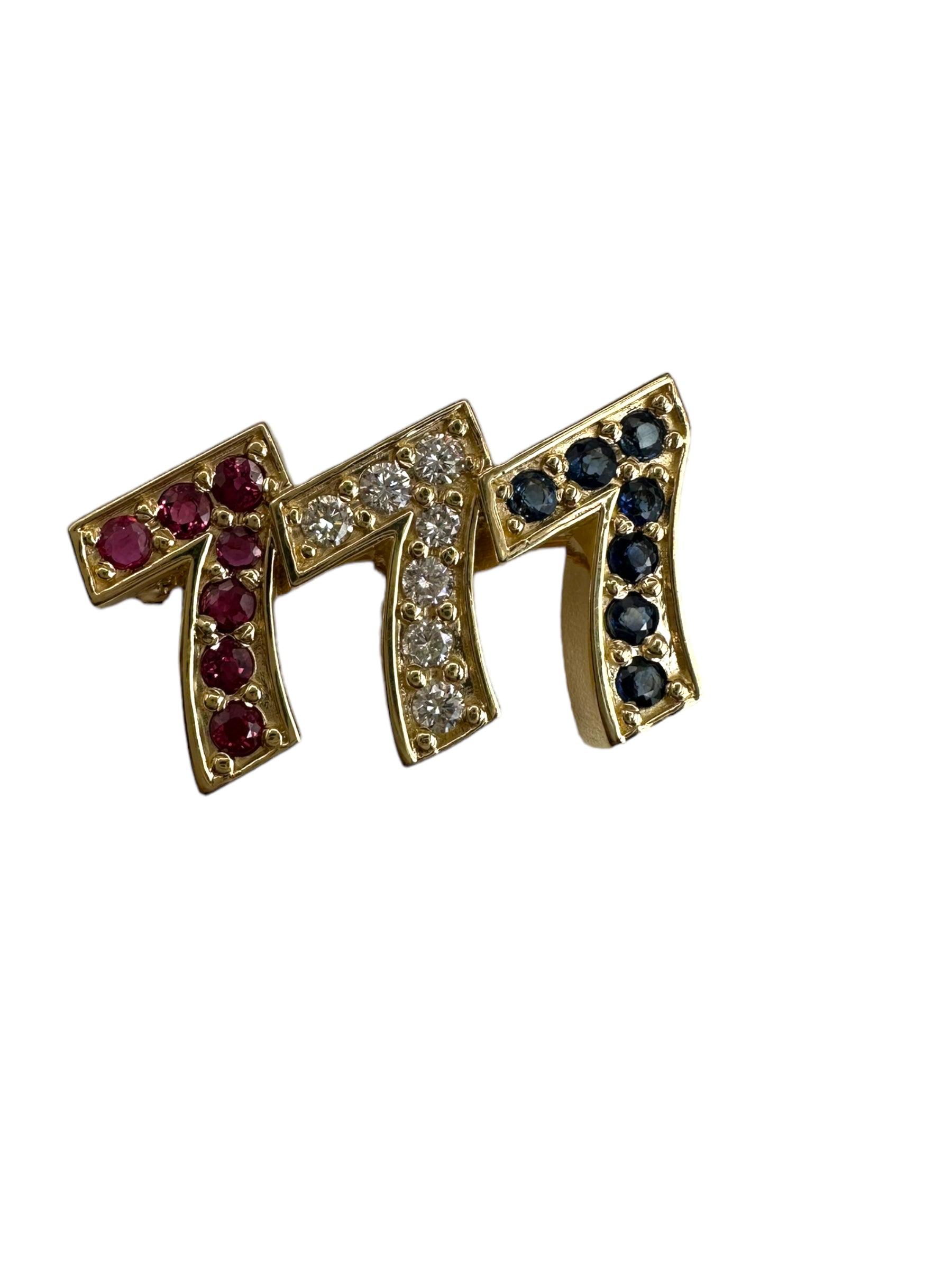 14k Triple 7s Sapphire Ruby Diamond Brooch