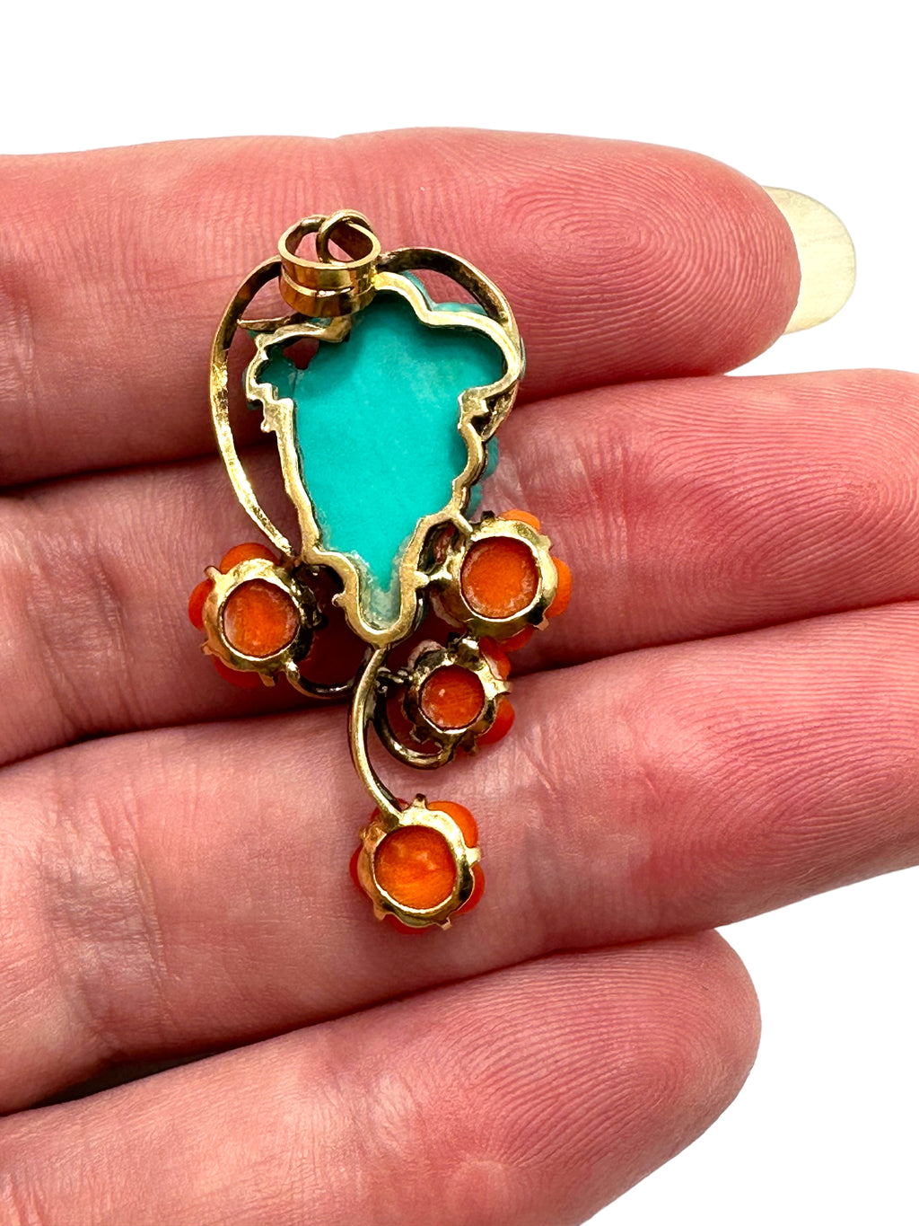 14k Carved Turquoise and Coral Pendant