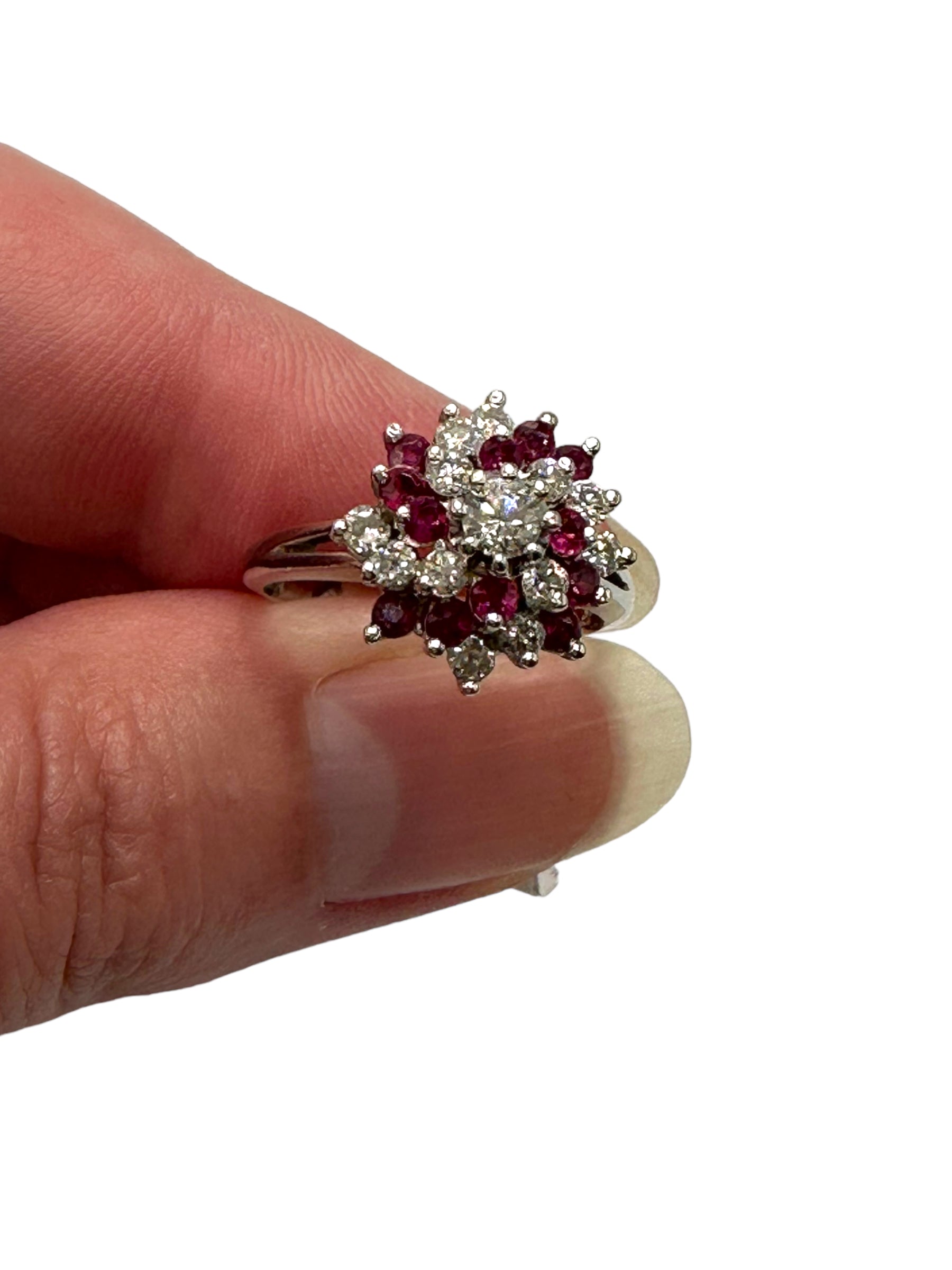 14k White Gold Diamond Ruby Swirl Ring
