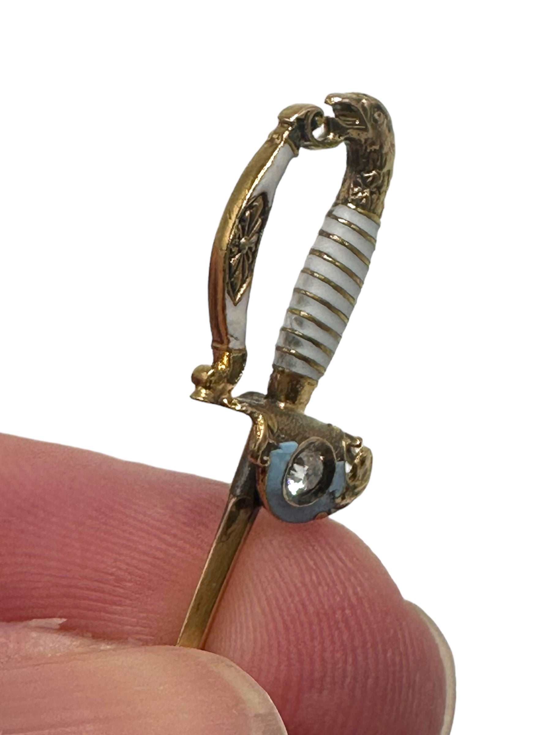 14k Eagle Pommel Enamel Diamond Victorian Sword Pin