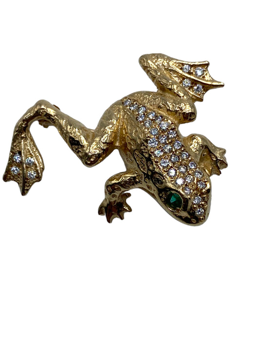 14k Frog Diamond Emerald Brooch